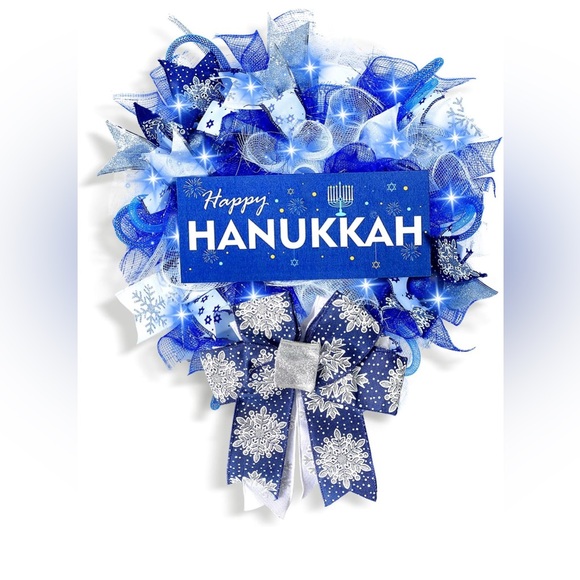 Happy Hanukkah🕎Chanukah🕎Lighted Door 18 inch Wreath w Bows🎀 - Picture 1 of 12